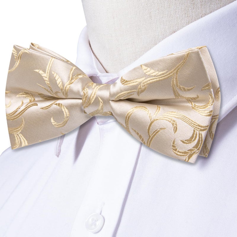 Dubulle Beige Champagne Bowtie for Men Paisley Floral Mens Pretied Bowtie Lapel Pin Set Pocket Square Cufflinks Wedding - Image 4